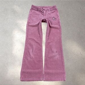 Y2K Hot + Spicy Low-Mid Mauve Pink Corduroy Flare Pants w/ Flower Embroidery